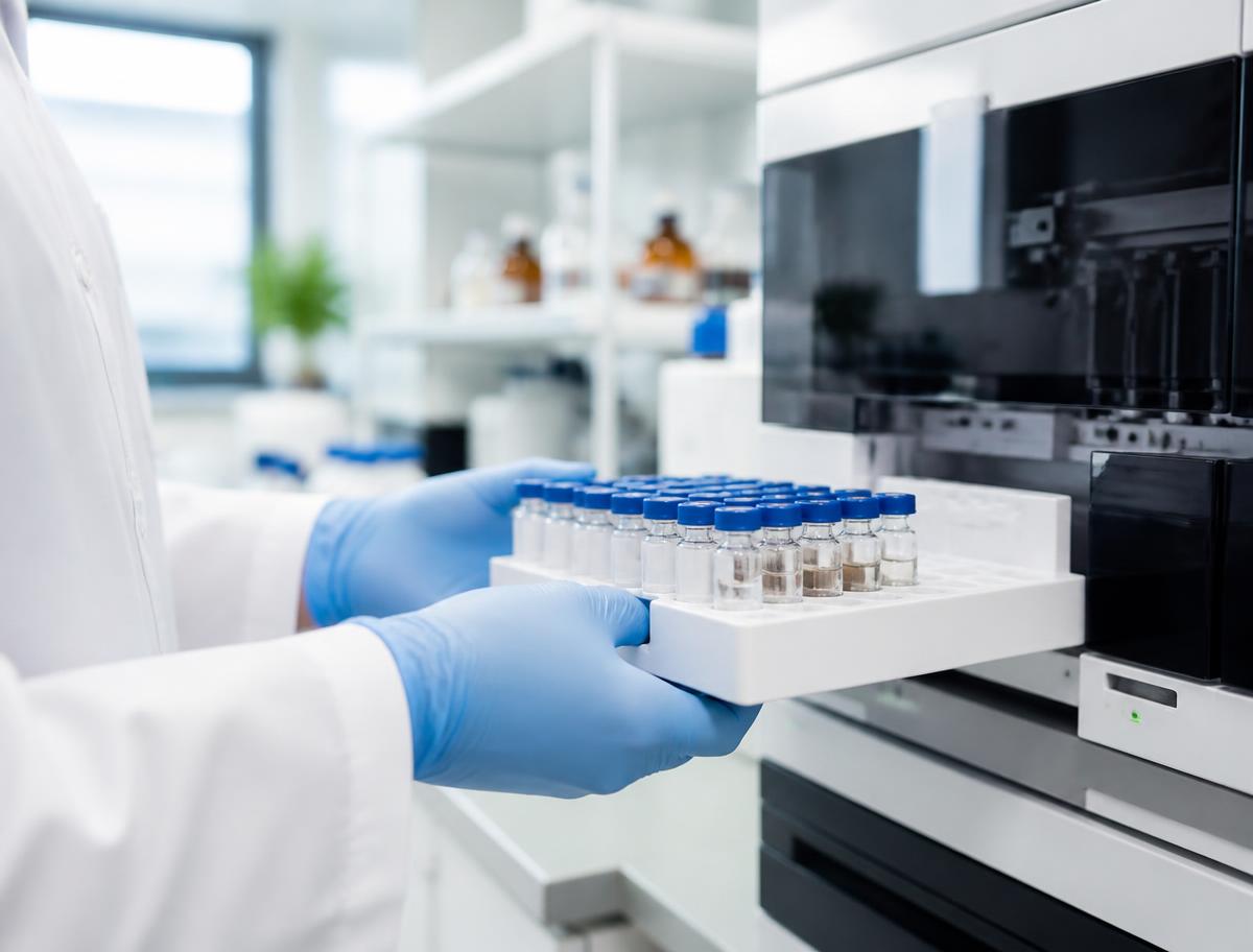 Analyst loading research vials into laboratory equipment